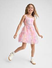 Girls Rainbow 3D Floral Mesh Fit And Flare Dress