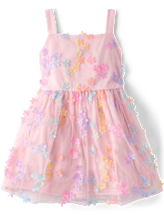 Girls Rainbow 3D Floral Mesh Fit And Flare Dress