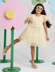 Robe à volants en tulle smocké à paillettes pour filles