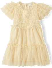 Girls Glitter Smocked Mesh Ruffle Dress