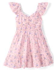 Girls Floral Pleated Smocked Dress