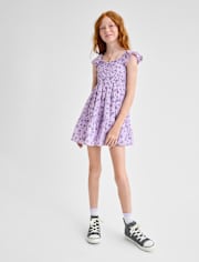 Girls Floral Pleated Smocked Dress
