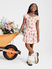 Robe à manches bouffantes smockées à fleurs pour filles