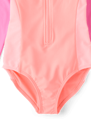 Girls Colorblock Half Zip Rashguard One Piece Swimsuit