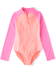 Girls Colorblock Half Zip Rashguard One Piece Swimsuit