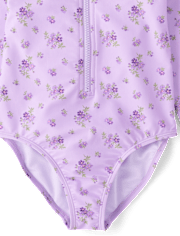 Girls Floral Half Zip Rashguard One Piece Swimsuit