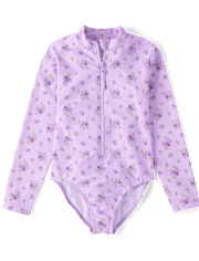 Girls Floral Half Zip Rashguard One Piece Swimsuit