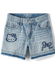Girls Hello KittyÂ® Embroidered Frayed Denim Midi Shorts