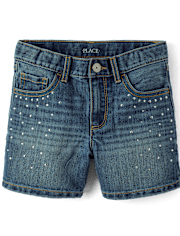 Girls Rhinestone Studded Midi Jean Shorts