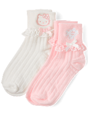 Girls Hello KittyÂ® Embroidered Ruffle Pointelle Turn Cuff Socks 2-Pack