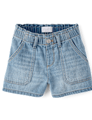Girls Paperbag Waist Shortie Jean Shorts