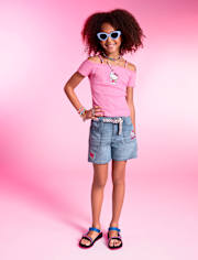 Girls Hello Kitty® Embroidered Midi Jean Shorts