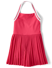 Girls Quick Dry Contrast Halter Pleated Tennis Dress
