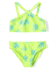 Girls Palm Tree Cross Front Bikini Swimsuit