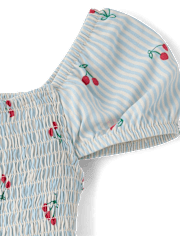 Robe rayée à fleurs cerises pour filles, taille en V et smocks