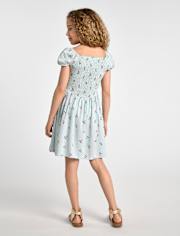Robe rayée à fleurs cerises pour filles, taille en V et smocks