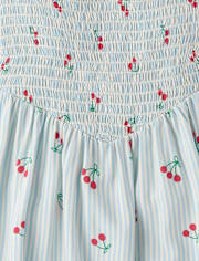 Robe rayée à fleurs cerises pour filles, taille en V et smocks