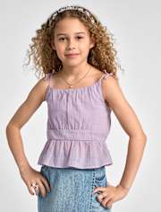 Girls Tie Shoulder Textured Tank Top