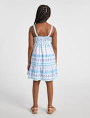 Girls Print Textured Bow Shoulder Dress