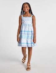 Girls Print Textured Bow Shoulder Dress