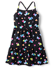 Girls Rainbow Heart Cross Back Tiered Dress