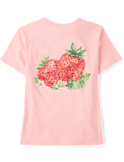 T-shirt graphique décontracté pour filles, motif fraise devant et derrière