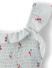 Toddler Girls Striped Cherry Smocked Ruffle Dress
