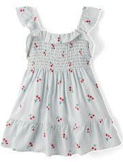 Toddler Girls Striped Cherry Smocked Ruffle Dress