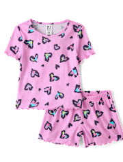 Girls Leopard Heart Lettuce Pajamas