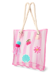 Girls Striped Embroidered Patch Beach Tote Bag