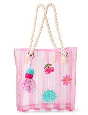 Girls Striped Embroidered Patch Beach Tote Bag