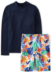 Boys Tropical Leaf Rashguard Swimsuit