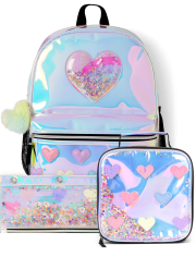 Girls Holographic Shakey Heart Backpack 3-Piece Set