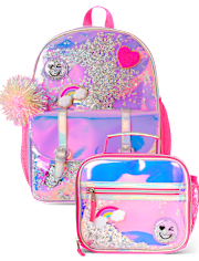 Girls Holographic Shakey Happy Face Backpack 2-Piece Set