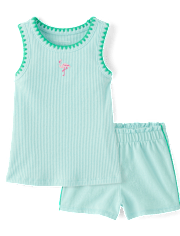 Baby And Toddler Girls Embroidered Flamingo 2-Piece Outfit Set