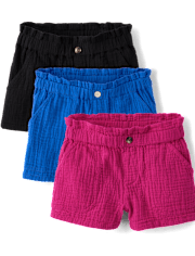Girls Gauze Paperbag Waist Shortie Shorts 3-Pack