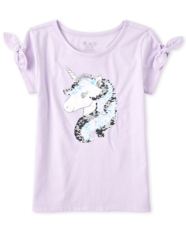 Girls Short Tie Sleeve Flip Sequin And Glitter Unicorn Top