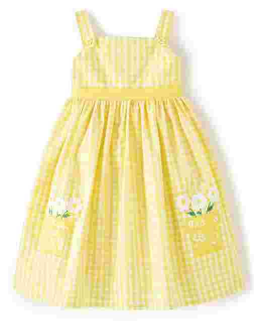 Vestido niña sin mangas de popelina de cuadros vichy con apliques bordados en maceta - Sunny Daisies