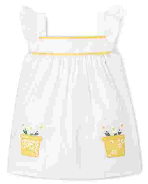 Top de popelina de popelina con apliques bordados y manga corta con vuelo para niñas - Sunny Daisies