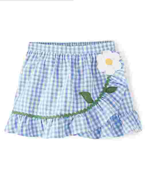 Falda pantalón niña de popelina vichy con volantes y flores bordadas - Sunny Daisies
