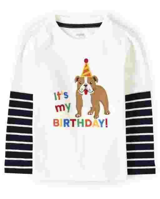 Camiseta 2 en 1 con bordado de manga larga a rayas térmicas para niños - Birthday Boutique