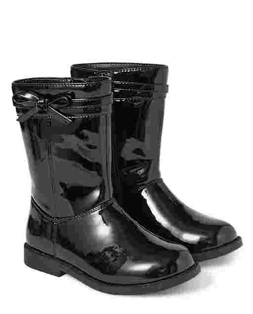 Girls Faux Patent Leather Bow Riding Boots - Picture Perfect