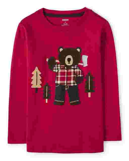 Camiseta 2 en 1 con bordado de oso de manga larga térmica para niño - Moose Mountain