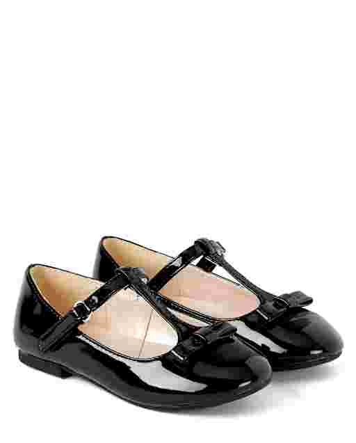 Girls Faux Patent Leather Bow T-Strap Ballet Flats - Picture Perfect