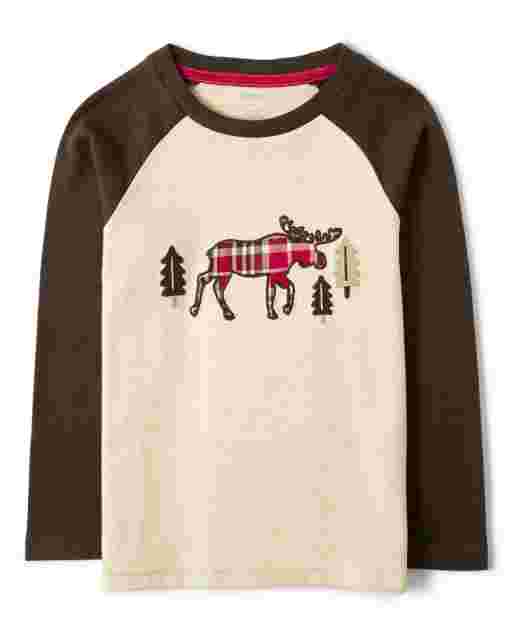 Camiseta de manga larga con bordado de cuadros escoceses para niño - Moose Mountain