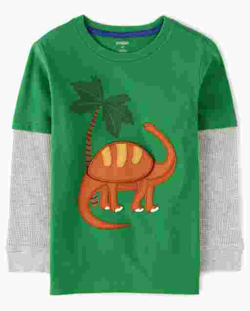 Camiseta de manga larga térmica Peek-A-Boo con solapa bordada Brontosaurus 2 en 1 para niños - Dino Roar