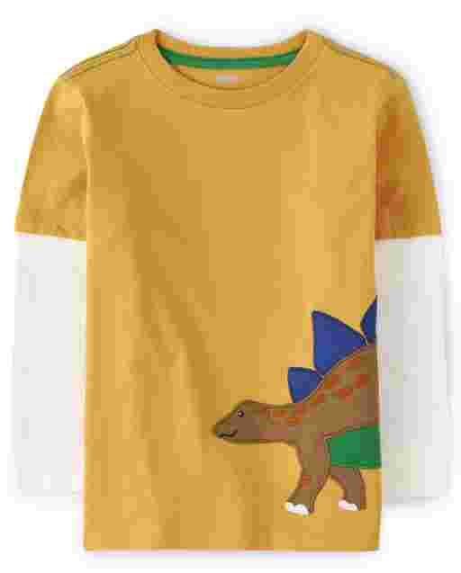 Camiseta 2 en 1 de Stegosaurus con bordado de manga larga térmica para niños - Dino Roar