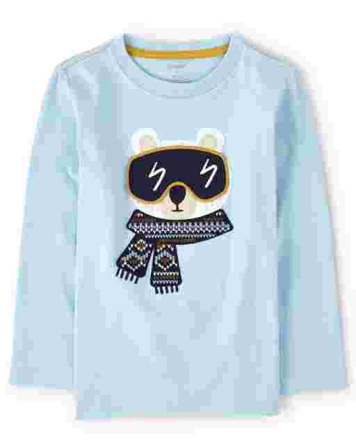 Camiseta de manga larga con diseño de oso polar bordado con solapa Peek-A-Boo para niño - Aspen Lodge