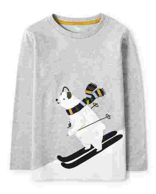 Camiseta de manga larga con bordado de oso polar de esquí para niño - Aspen Lodge