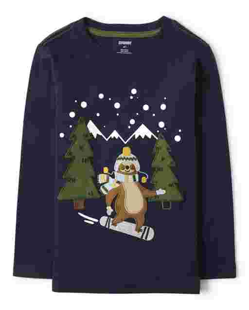 Camiseta de manga larga con bordado de perezoso de snowboard para niño - Aspen Lodge